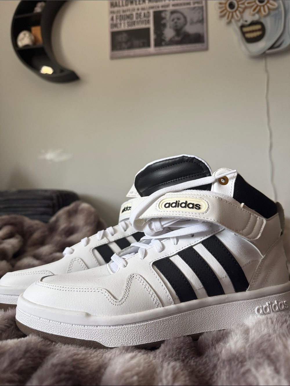 adidas White and Black Mid-Top Sneakers with Strap